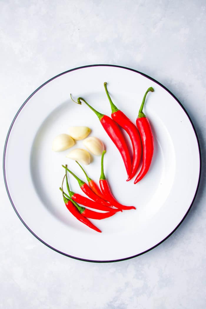 Tahi chilies fresno chilies and garlic for spicy basil chicken Thai